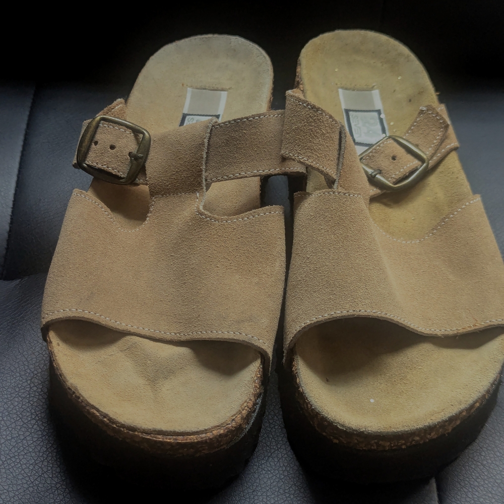 Tan Sandals with Adjustable Straps and Cork Footbed